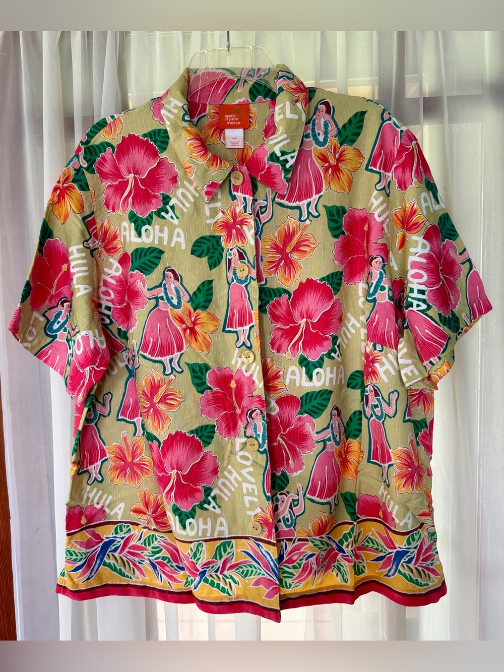 Hearts Of Palm Aloha Hawaiian Hula Girls Print Short Sleeve Button Up Shirt